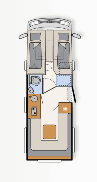 Plattegrond van de integraalcamper Dethleffs Trend I 7027 uit 2027