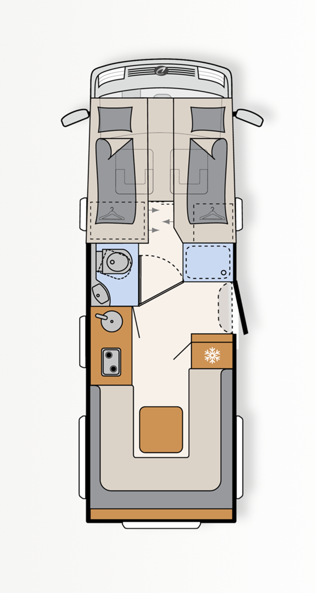 Plattegrond van de integraalcamper Dethleffs Trend I 7027 uit 2027