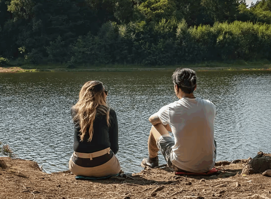 Wandelaars zitten comfortabel op hun outdoor zitkussens aan het water