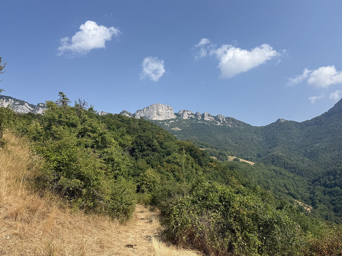 Zicht op de rotswanden van het Vercors-massief tijdens wandeling Aux Sources de Barberolle