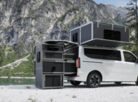 Cubivan campingsysteem met uitgebouwde keuken en sanitair en dakbed