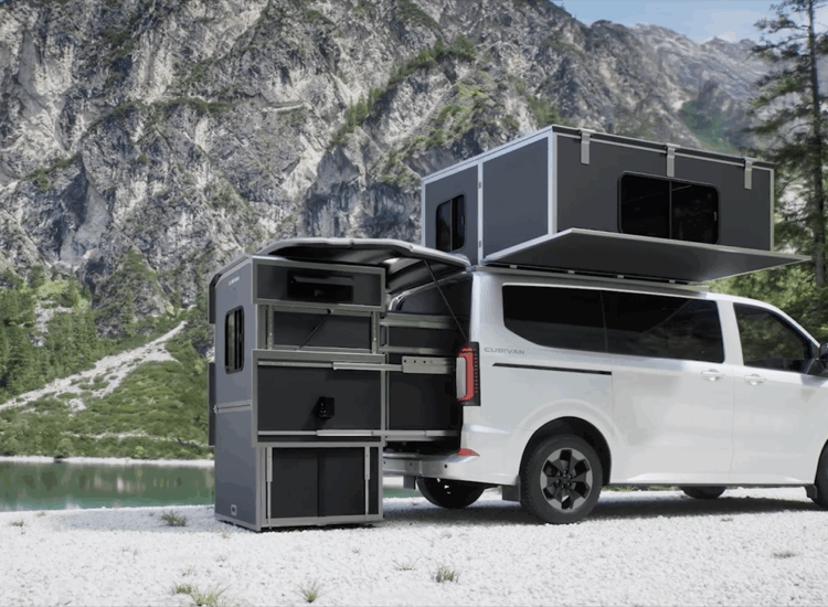 Cubivan campingsysteem met uitgebouwde keuken en sanitair en dakbed
