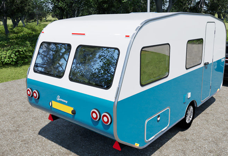 Zijaanzicht van de nieuwe Glaravans Wave retrocaravan