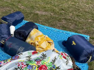 Verschillende slaapzakken in hun hoes op een buitenkleed in het gras