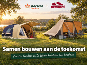 Een klassieke De Waard piramidetent en een opblaasbare Karsten tent naast elkaar in het veld.