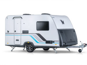 De Niewiadow N-Cross 3 Black lichtgewicht caravan met zwarte accenten op de disselbak en opbouw