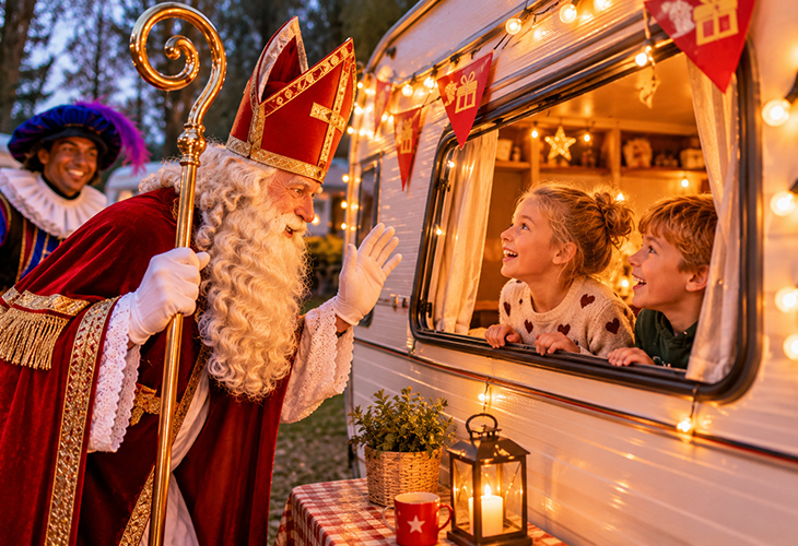 Sinterklaas komt langs bij kinderen in een caravan
